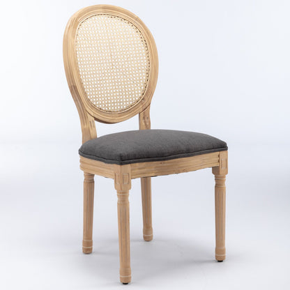 French Style Solid Wood Frame Antique Painting Linen Fabric Rattan Back Dining Chair (Set of 2) - Gray