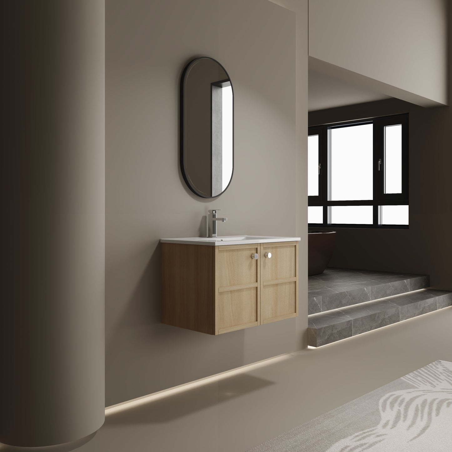 Modern Wall Mounted 30" Bathroom Vanity With Ceramic Sink And Soft Closing Doors - Oak