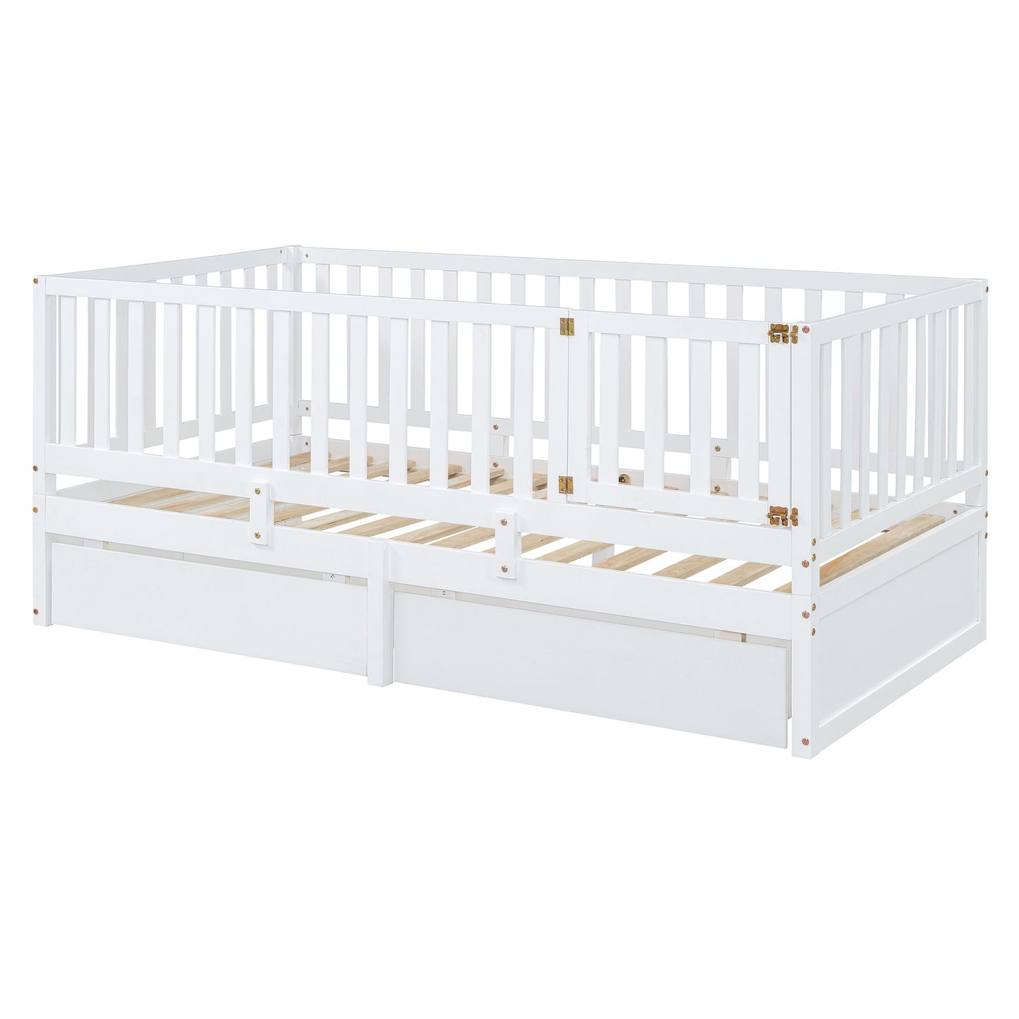 Twin Size Daybed With Fence Guardrails And 2 Drawers, Split Into Independent Floor Bed & Daybed - White