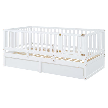 Twin Size Daybed With Fence Guardrails And 2 Drawers, Split Into Independent Floor Bed & Daybed - White