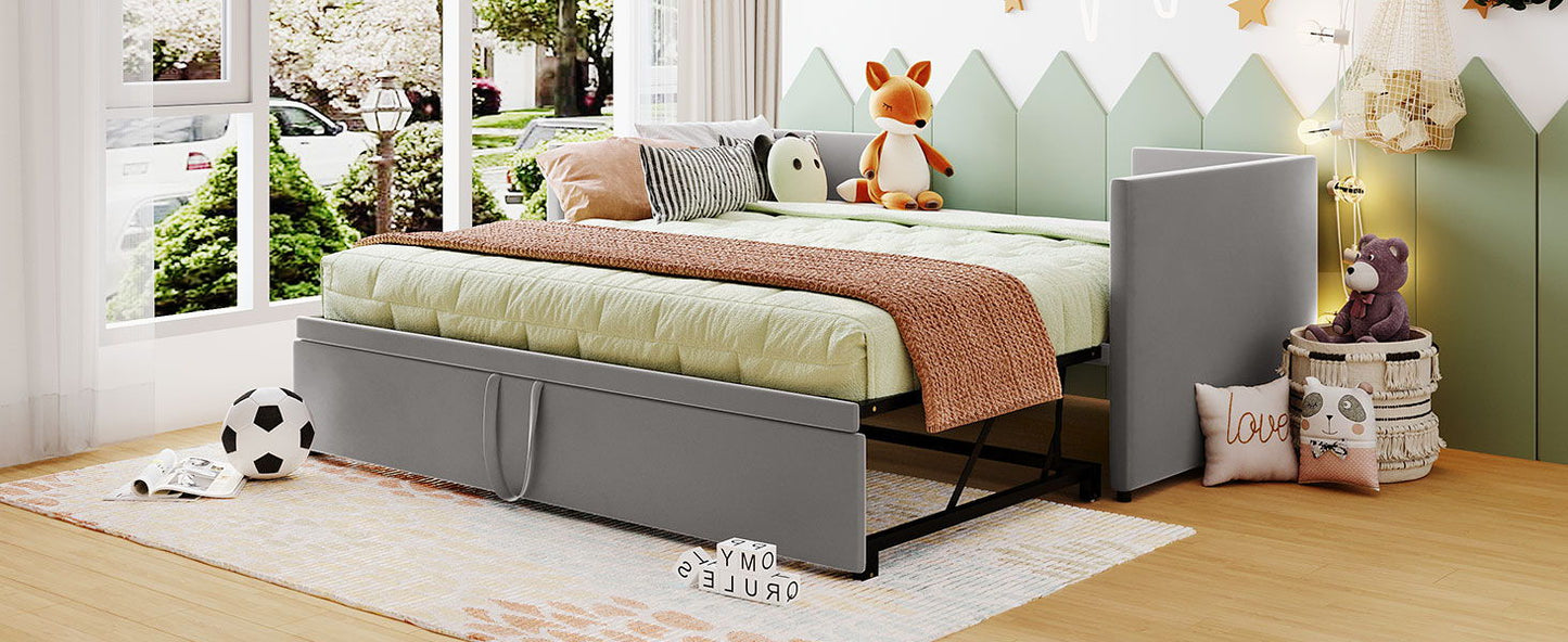 Twin Size Upholstered Daybed With Pop Up Trundle - Gray