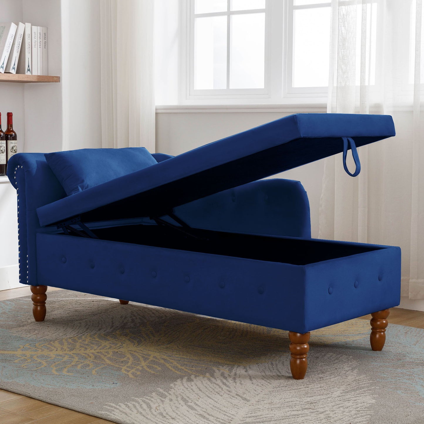 Chaise Lounge Indoor, Velvet Lounge Chair For Bedroom With Storage & Pillow, Modern Upholstered Rolled Arm Chase Lounge For Sleeping With Nailhead Trim For Living Room Bedroom Office - Navy Blue