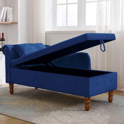 Chaise Lounge Indoor, Velvet Lounge Chair For Bedroom With Storage & Pillow, Modern Upholstered Rolled Arm Chase Lounge For Sleeping With Nailhead Trim For Living Room Bedroom Office - Navy Blue