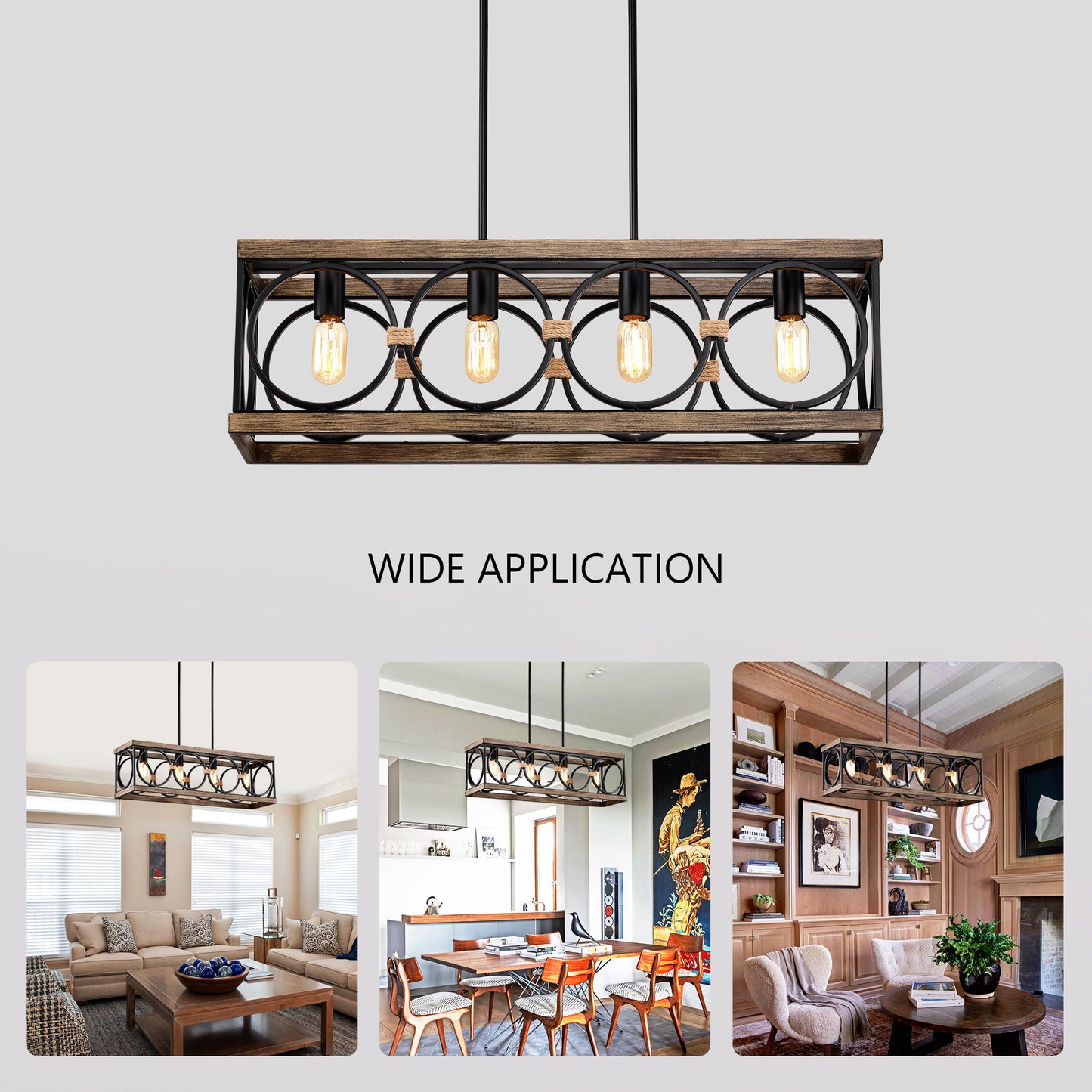 4 Light (Bulb No Included) Farmhouse Rectangle Pendant Light, Wood Texture Vintage Rustic Chandeliers Metal Industrial Hanging Light Fixtures For Kitchen, Entryway, Dining Room - Black / Natural