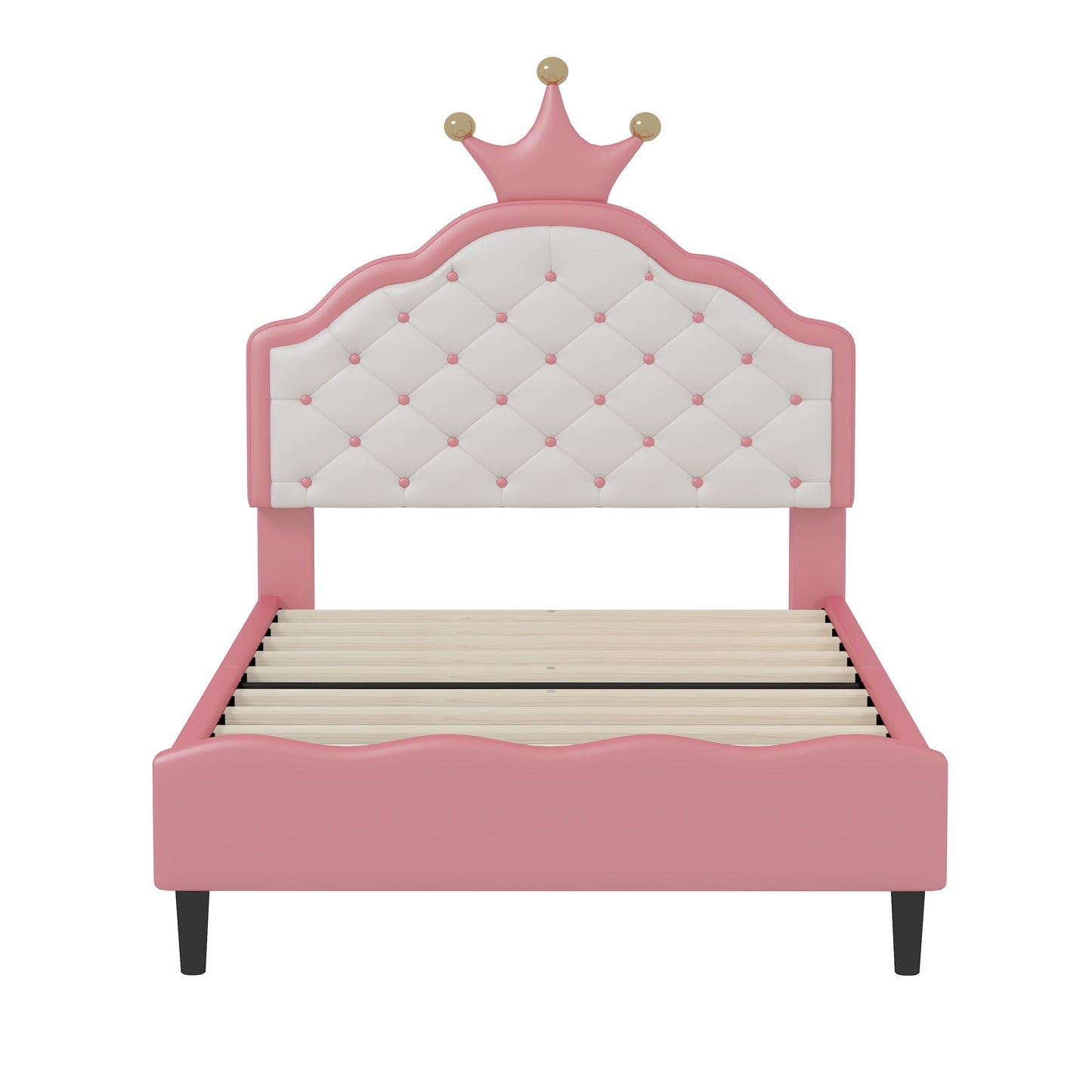 Twin Size Lovely Crown Fantasy Leather Princess Bed With Tufted Headboard - Pink / Cream