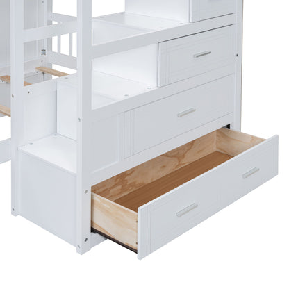 Full Over Twin Bunk Bed With Wardrobe, Drawers - White