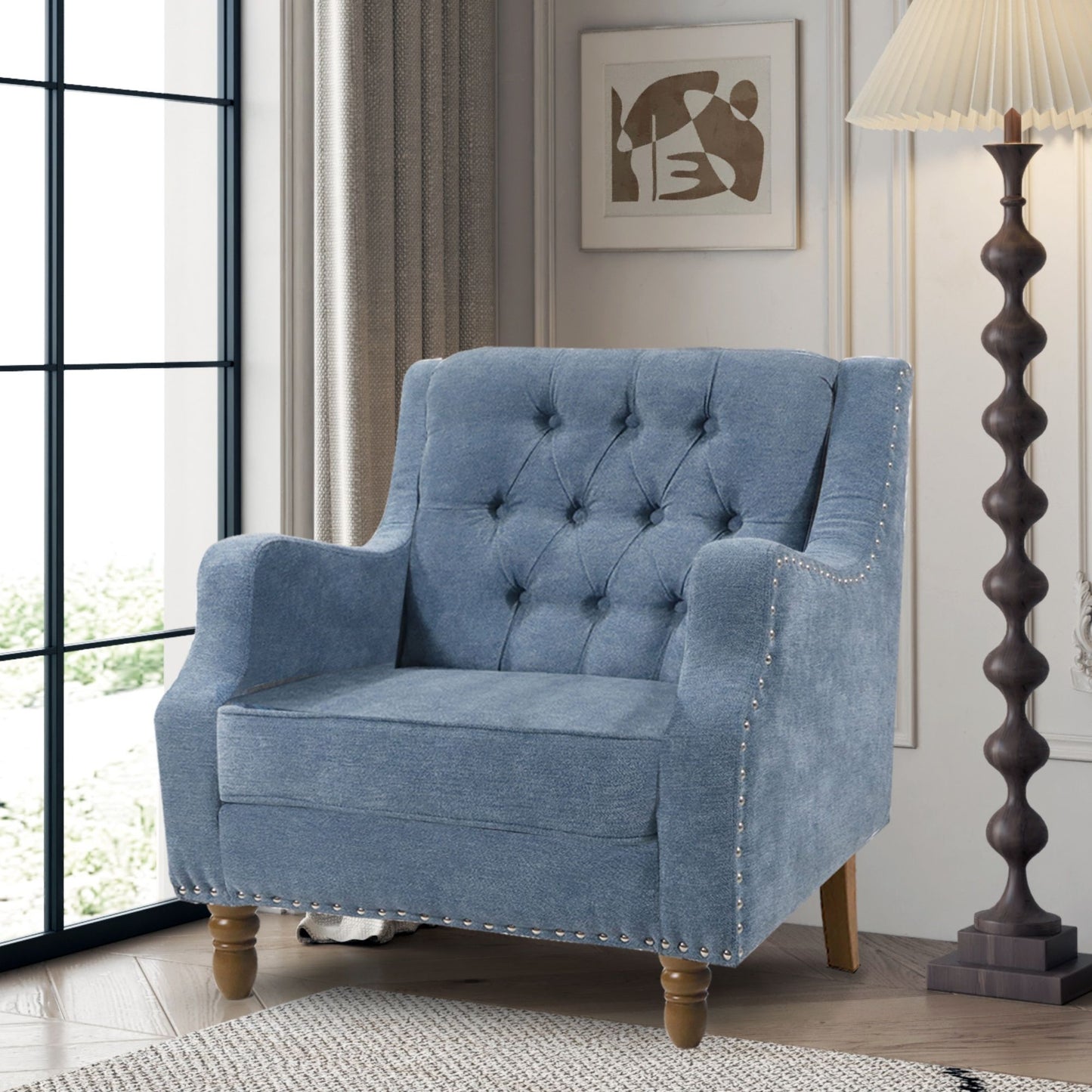 Accent Chair, Living Room Chair, Footrest Chair Set With Vintage Brass Studs, Button Tufted Upholstered Armchair For Living Room, Comfy Reading Chair For Bedroom, Reception Room - Blue