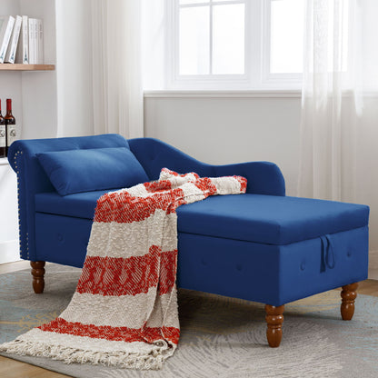 Chaise Lounge Indoor, Velvet Lounge Chair For Bedroom With Storage & Pillow, Modern Upholstered Rolled Arm Chase Lounge For Sleeping With Nailhead Trim For Living Room Bedroom Office - Navy Blue