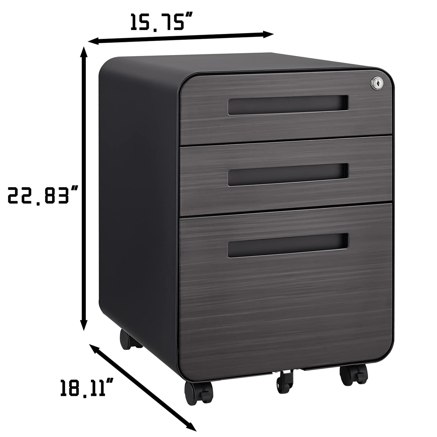 3 Drawer Mobile File Cabinet Under Desk Office, Simple Style Versatile Storage Cabinet, 5 Wheel Design Anti-Tilting Cold Rolled Steel Waterproof Moisture-Proof - Black