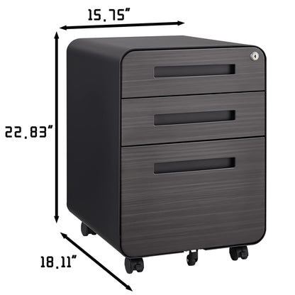3 Drawer Mobile File Cabinet Under Desk Office, Simple Style Versatile Storage Cabinet, 5 Wheel Design Anti-Tilting Cold Rolled Steel Waterproof Moisture-Proof - Black