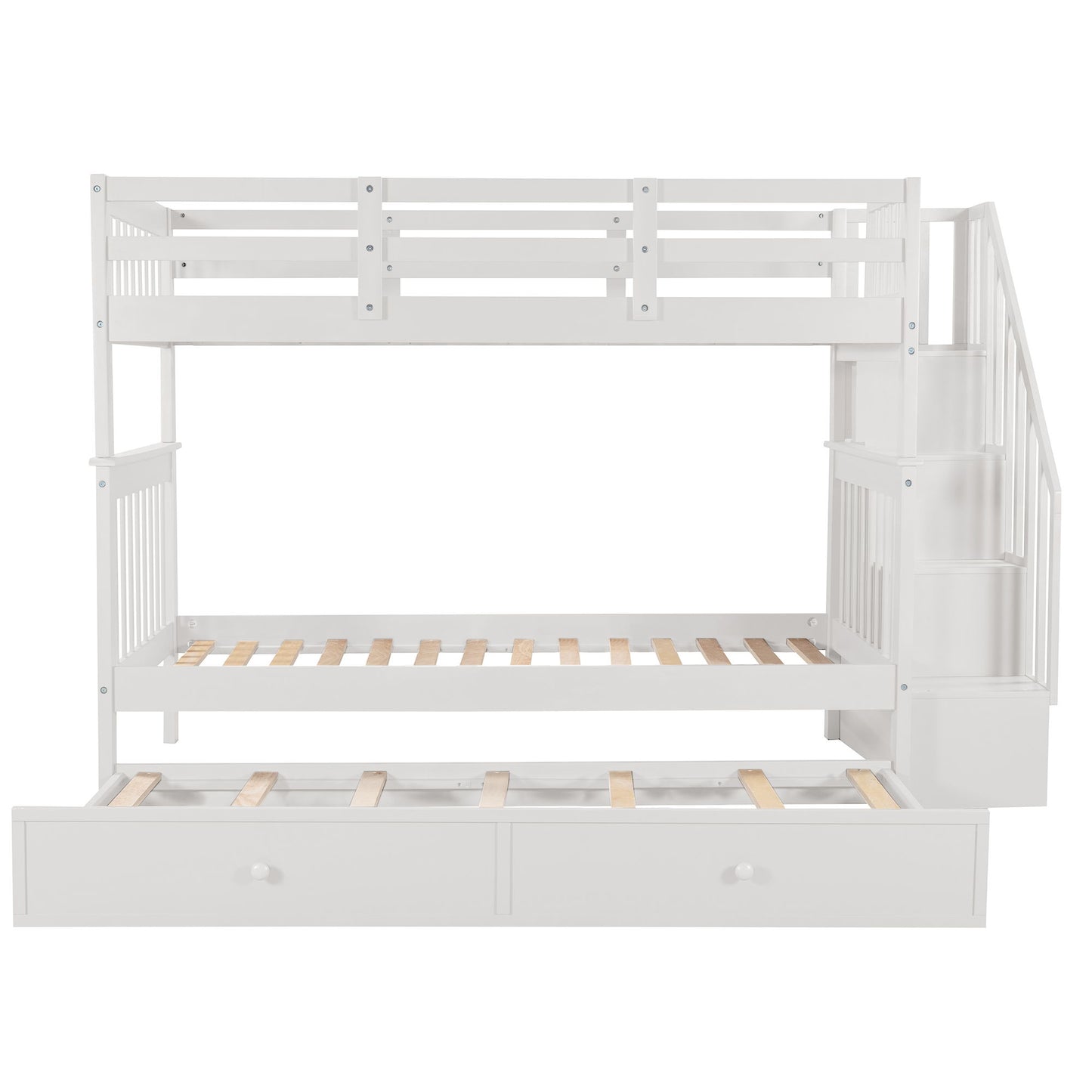 Twin Over Twin Stairway Bunk Bed With Twin Size Trundle For Bedroom - White