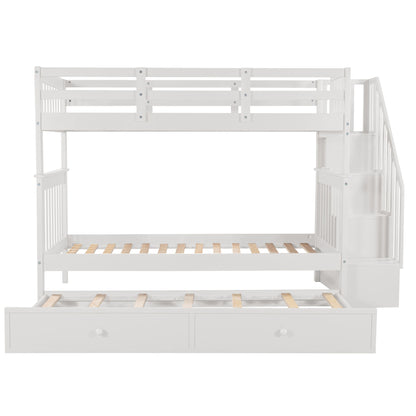 Twin Over Twin Stairway Bunk Bed With Twin Size Trundle For Bedroom - White