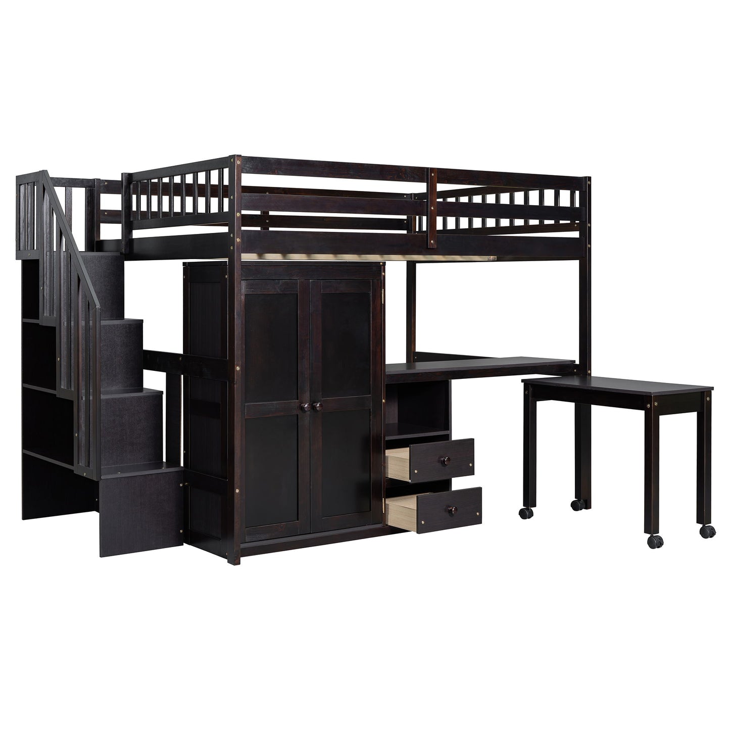 Full Size Loft Bed With Stairs, Bookshelf, Drawers, Desk & Wardrobe, Space Saving Multifunctional Furniture - Espresso