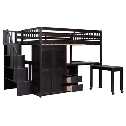 Full Size Loft Bed With Stairs, Bookshelf, Drawers, Desk & Wardrobe, Space Saving Multifunctional Furniture - Espresso