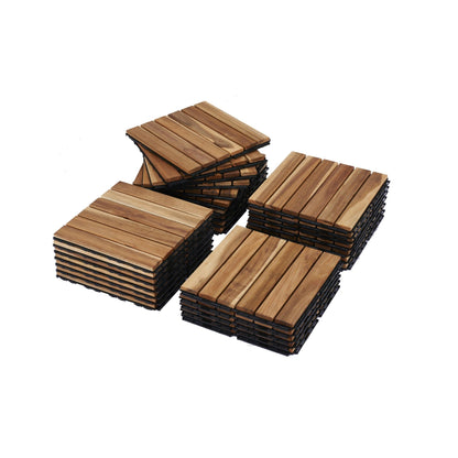 10 Piece Interlocking Deck Tiles Striped Pattern, Square Acacia Hardwood Outdoor Flooring For Patio, Bancony, Pool Side - Yellow