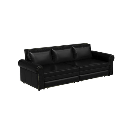 Pull Out Sofa Bed, 3 In 1 Faux Leather Convertible Sleeper Sofa With Nailhead Trim & Rolled Arm Multifunctional Sofa Bed For Living Room - Black