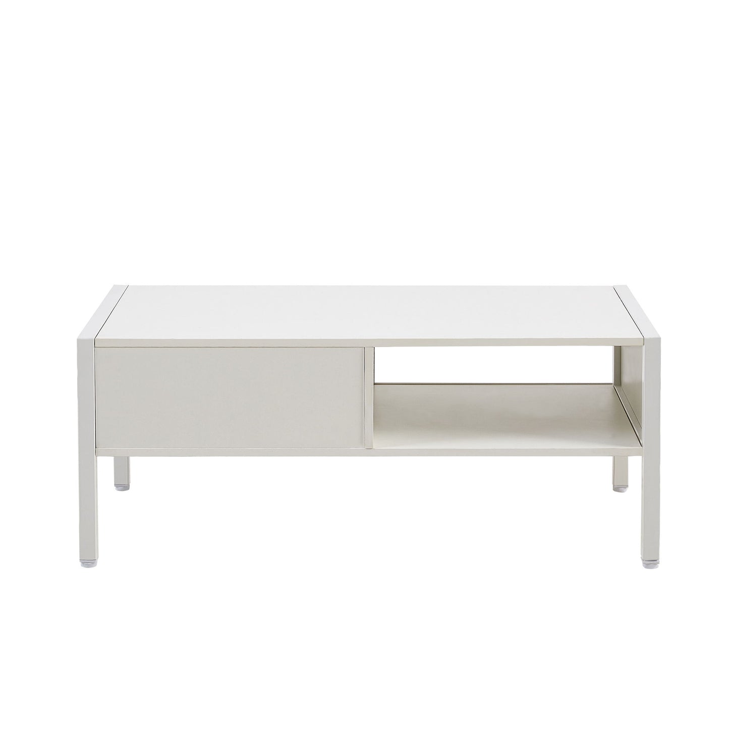 40.16" Rattan Coffee Table, Sliding Door For Storage, Metal Legs, Modern Table For Living Room - White