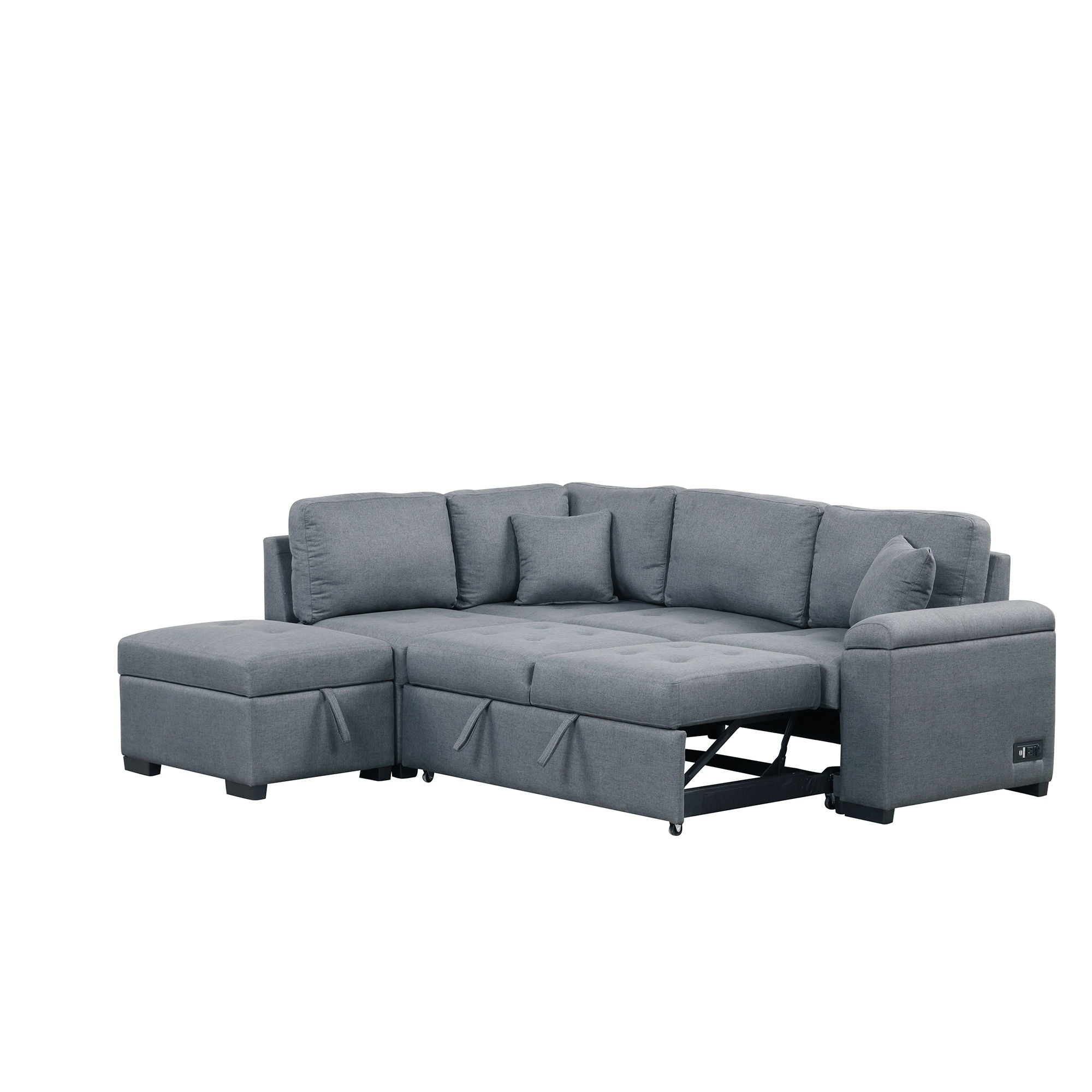 Sleeper Sectional Sofa, L-Shape Corner Couch Sofa - Bed With Storage Ottoman & Hidden Arm Storage & USB Charge For Living Room Apartment - Dark Gray