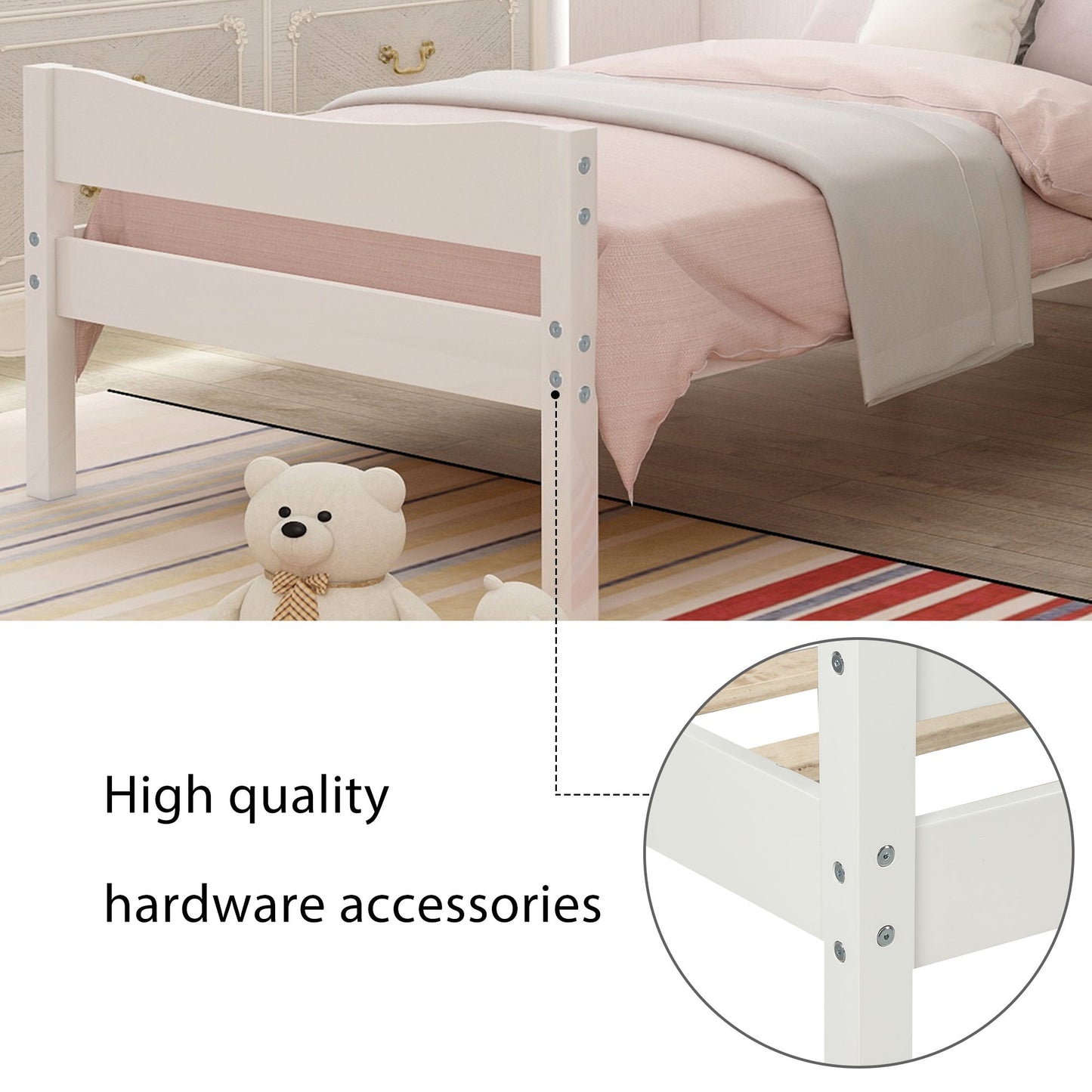 Twin Size Platform Bed With Headboard And Slat Support - White