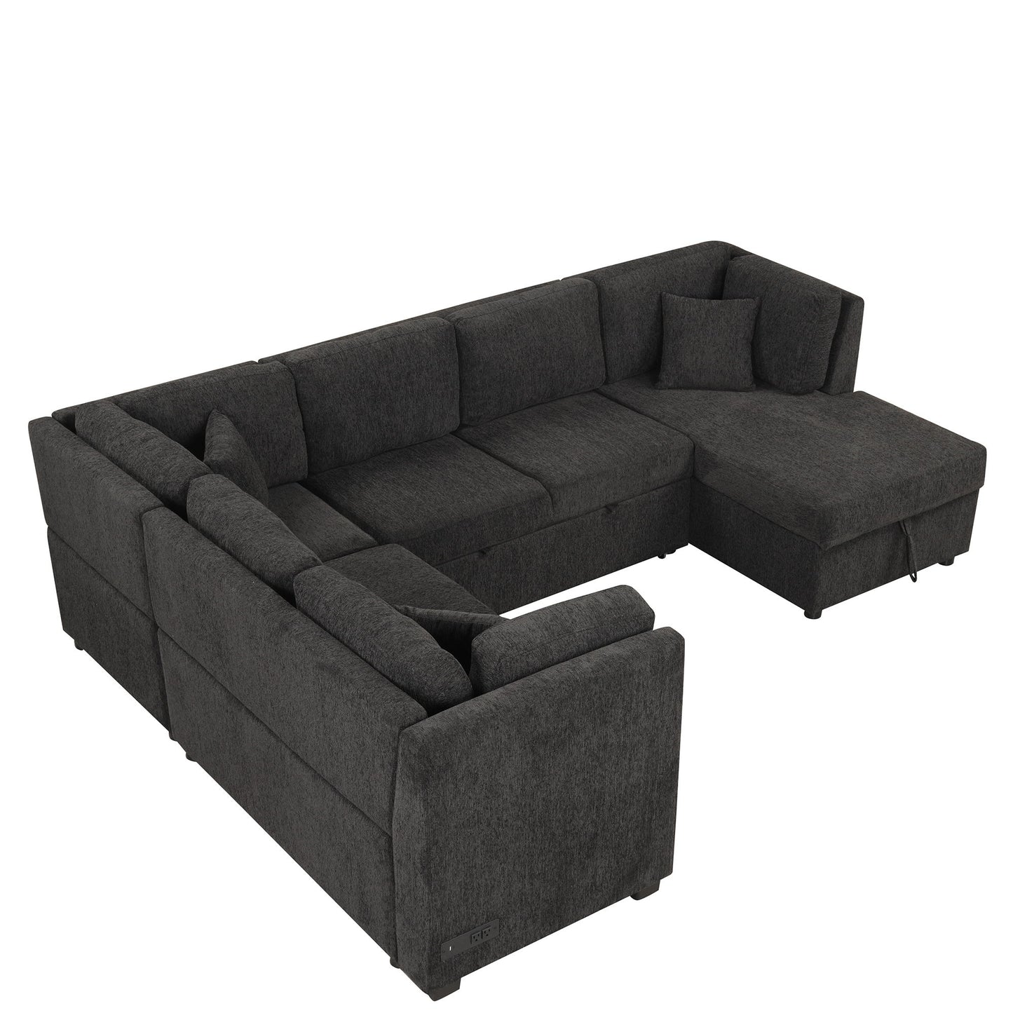U-Shaped Sectional Sofa Pull Out Sofa Bed With Two USB Ports, Two Power Sockets, Three Back Pillows And A Storage Chaise For Living Room - Black