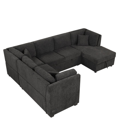 U-Shaped Sectional Sofa Pull Out Sofa Bed With Two USB Ports, Two Power Sockets, Three Back Pillows And A Storage Chaise For Living Room - Black