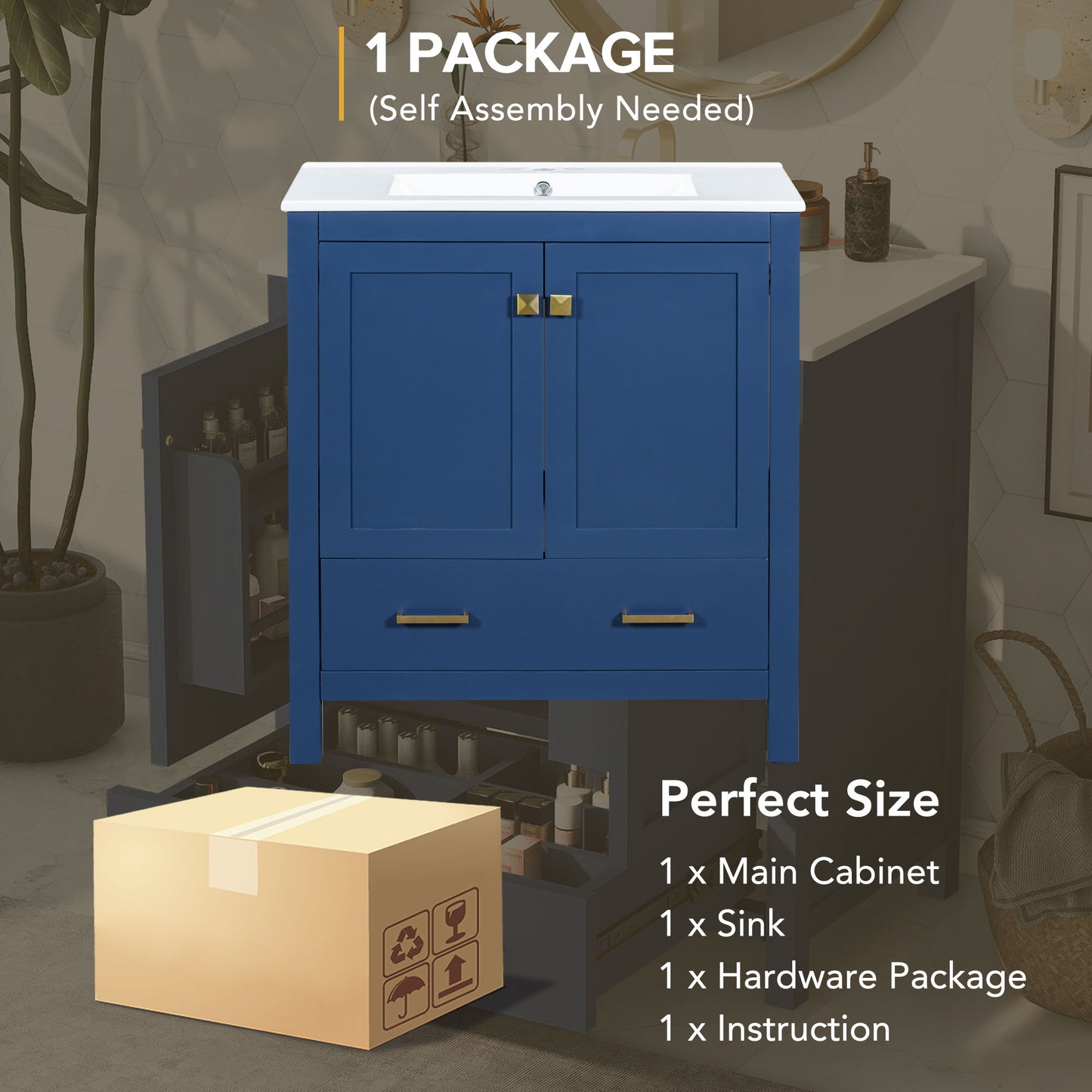 Bathroom Vanity With Single Sink, Combo Cabinet Undermount Sink, Bathroom Storage Cabinet With 2 Doors And A Drawer, Soft Closing, Multifunctional Storage, Solid Wood Frame - Blue