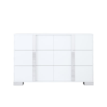 4 Piece Bedroom Sets Queen Size Upholstered Bed With LED Lights, Mirrored Nightstands And Dresser With Metal Handles And Legs - White