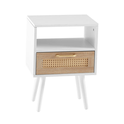 15.75" Rattan End Table With Drawer And Solid Wood Legs, Modern Nightstand, Side Table For Living Room, Bedroom - White