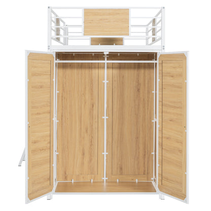 Twin Size Loft Bed With L Shape Desk And Wardrobe - White