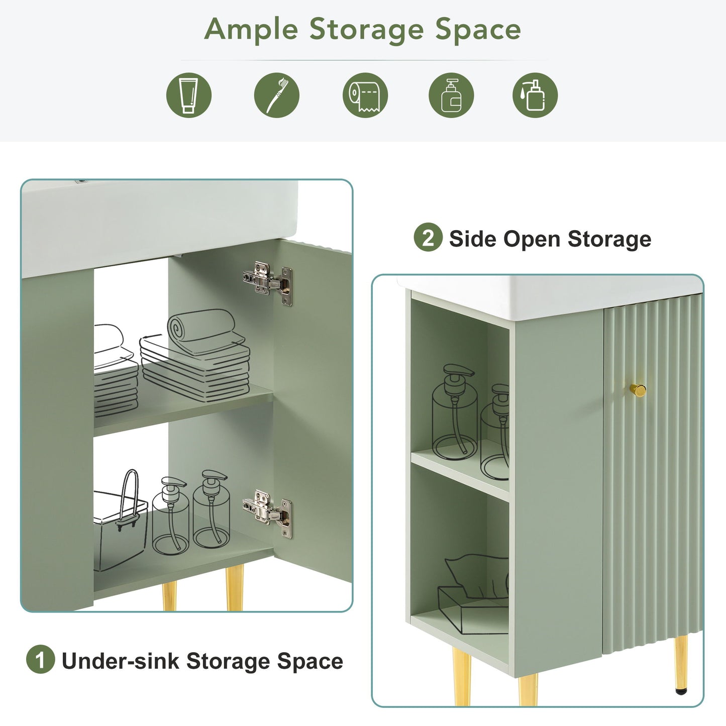 Bathroom Vanity, Combo Cabinet, Bathroom Storage Cabinet, Single Ceramic Sink, Left Side Storage - Green