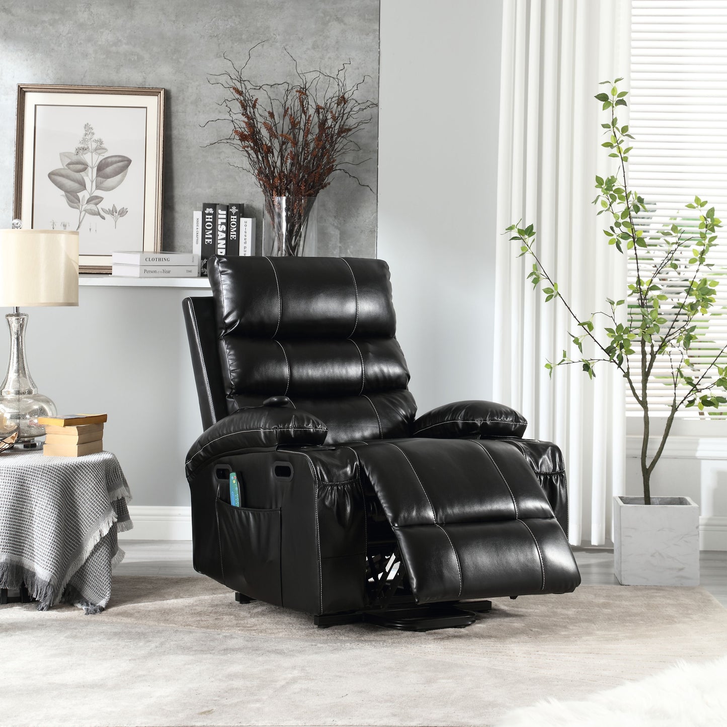 Large Size Electric Power Lift Recliner Chair Sofa, 8 Point Vibration Massage And Lumber Heat, Remote Control, Side Pockets And Cup Holders - Black