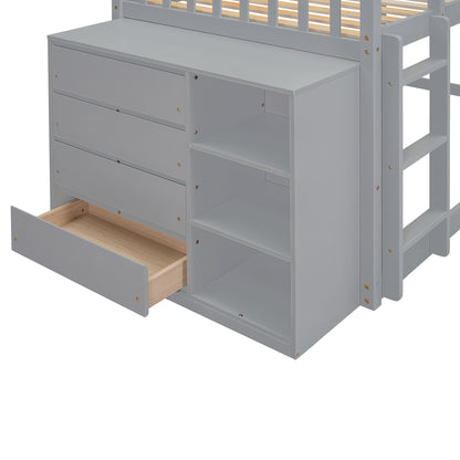 Twin Over Twin Classic Bunk Bed With 4 Drawers And 3 Shelves - Gray