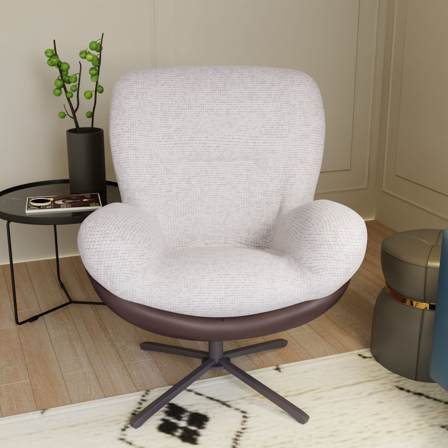 360ÔøΩÔøΩ Swivel Office Chair, Modern Chenille Chair With And Metal Base Frame, No Wheels, Accent Chair - White