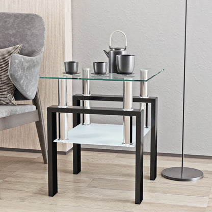 Modern Tempered Glass Tea Table, End Square Table For Living Room - Transparent / Black