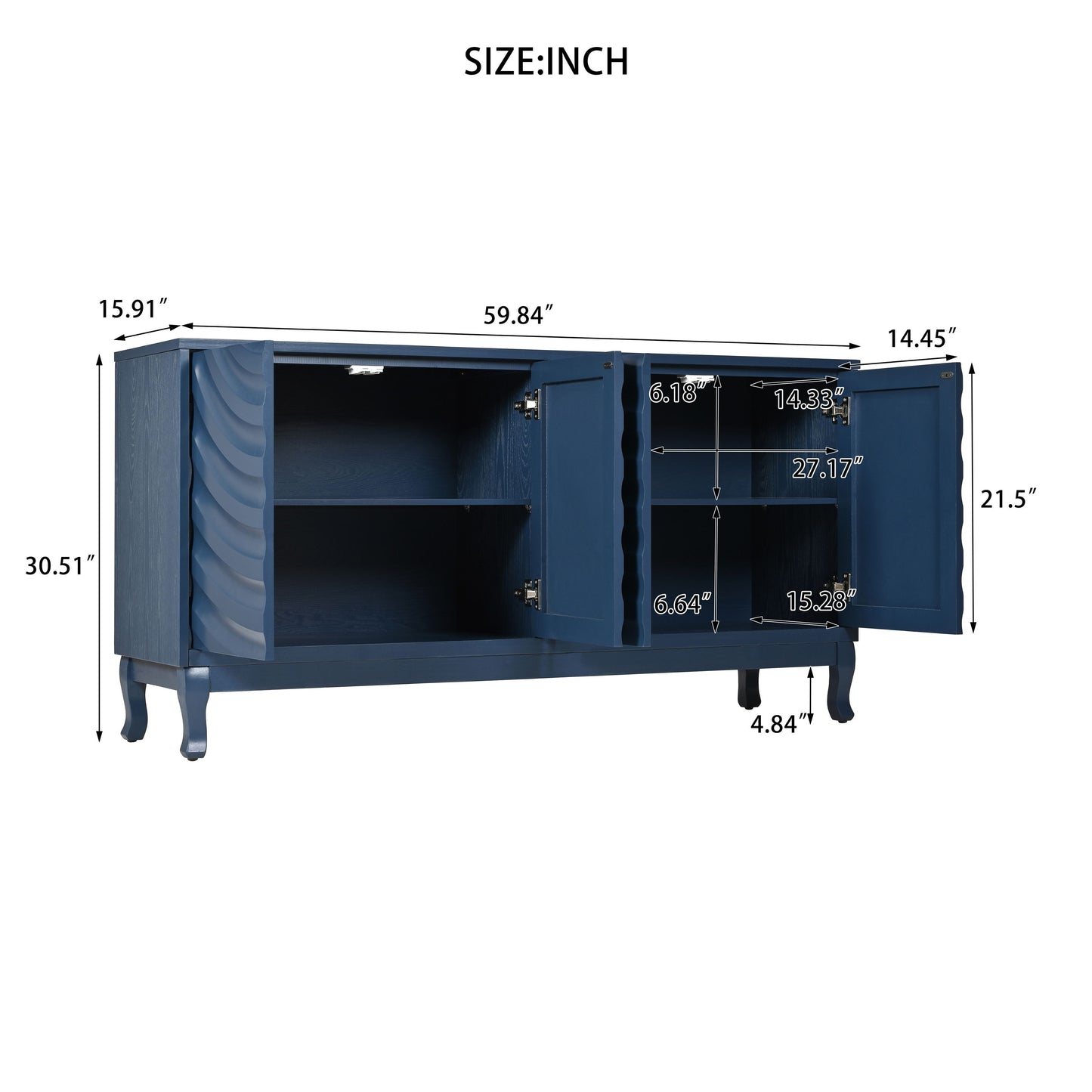 Elegant Sideboard With Sophisticated Wavy Pattern Doors And Arched Groove Design, Adjustable 4 Door Layout - Navy Blue