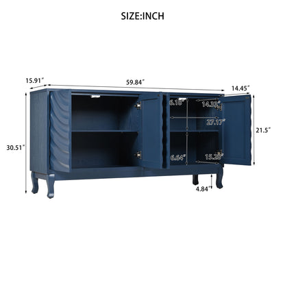 Elegant Sideboard With Sophisticated Wavy Pattern Doors And Arched Groove Design, Adjustable 4 Door Layout - Navy Blue