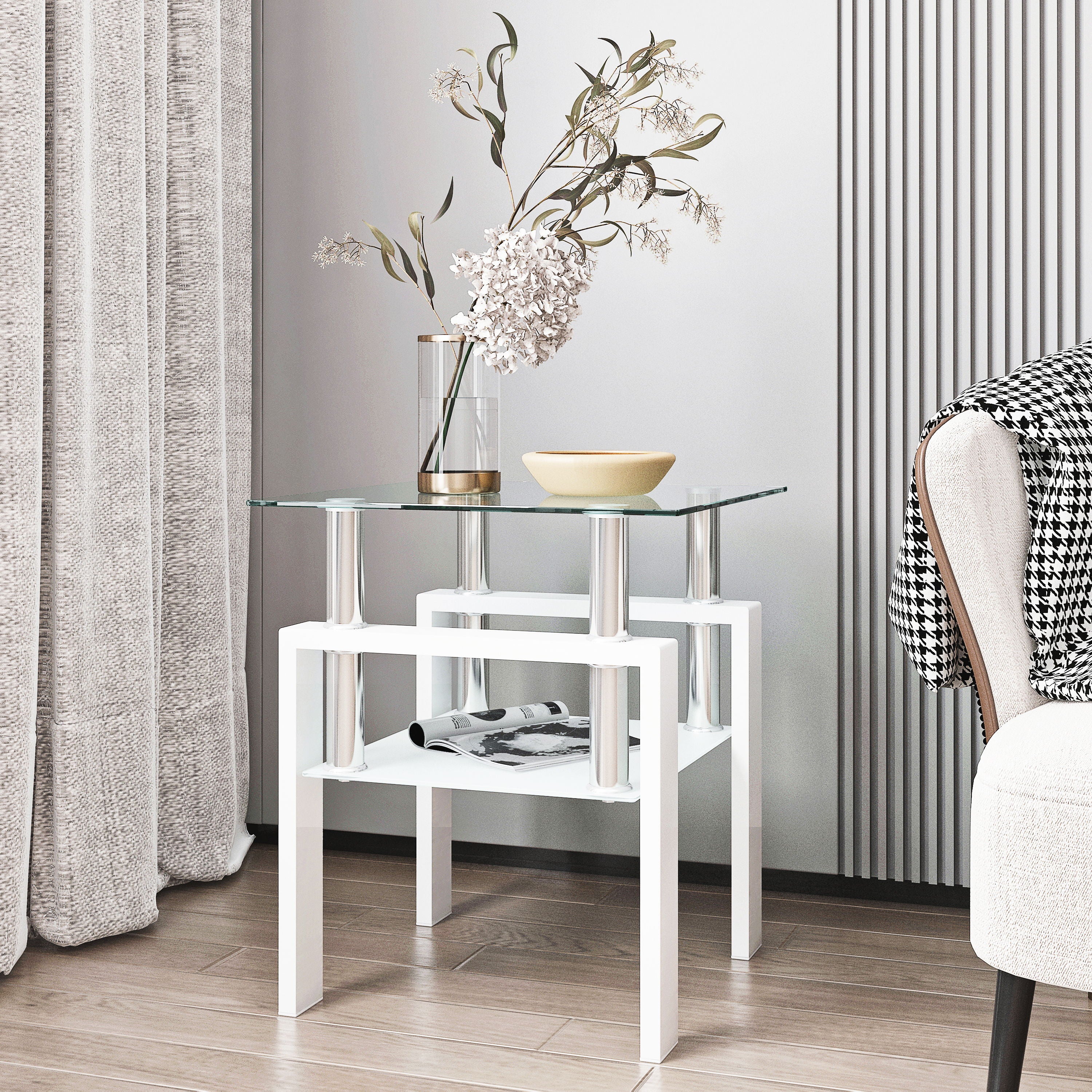 Modern Tempered Glass Tea Table, End Square Table For Living Room - Transparent / White