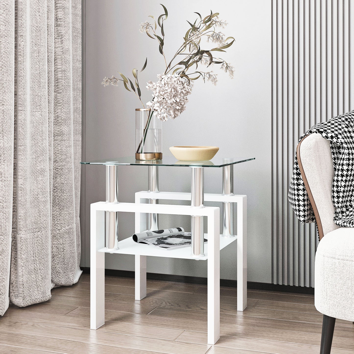 Modern Tempered Glass Tea Table, End Square Table For Living Room - Transparent / White