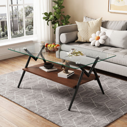 Rectangle Coffee Table With Tempered Glass Top And Metal Legs, Modern Table For Living Room, Transparent Glass - Dark Brown