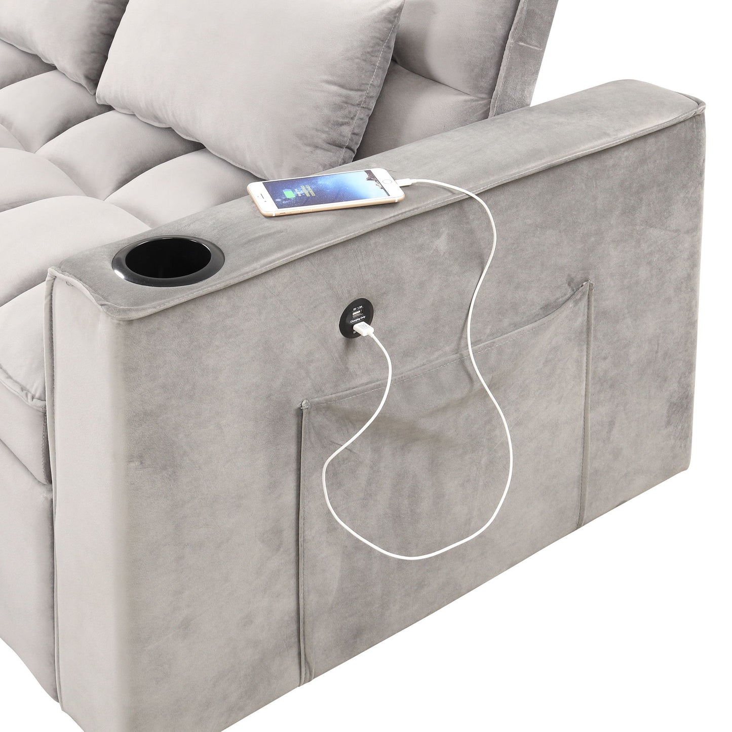 Multi Functional Sofa Bed With Cup Holder And USB Port For Living Room Or Apartments - Gray