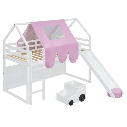 Twin Size Charming House Shaped Loft Bed With Tent And Slide - White / Pink