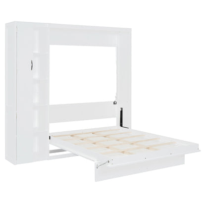 Full Size Murphy Wall Bed With Shelves, Wardrobe And LED Lights - White