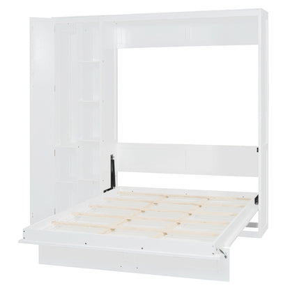 Full Size Murphy Wall Bed With Shelves, Wardrobe And LED Lights - White