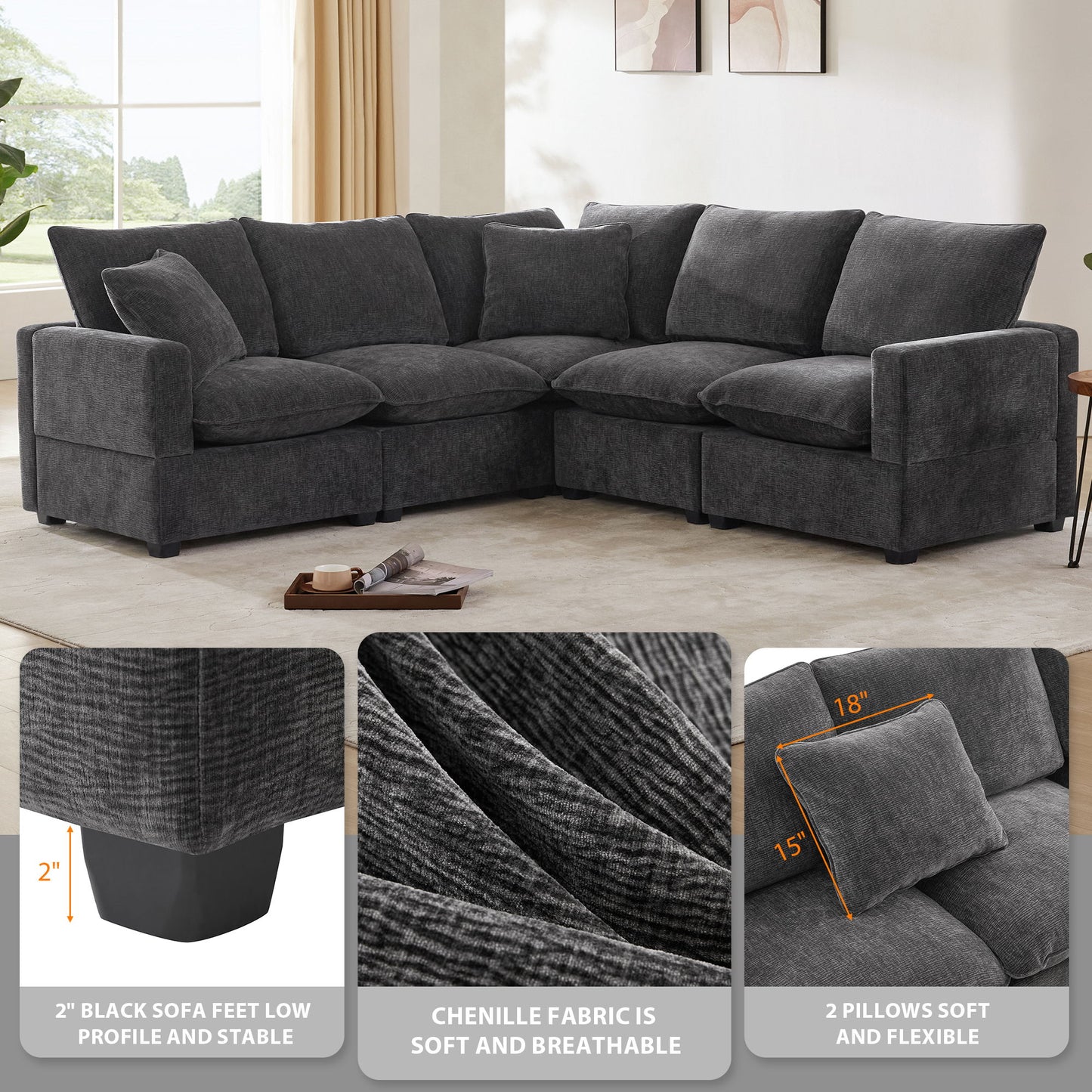 Modern L Shape Modular Sofa, 5 Seat Chenille Sectional Couch Set With 2 Pillows Included, Freely Combinable Indoor Funiture - Black / Gray