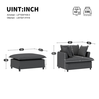 Oversized Chaise Lounge Indoor Single Sofa Bed With Wide Seat, Upholstered Lazy Sleeper Armchair With Movable Ottoman Reading Couch Set - Gray