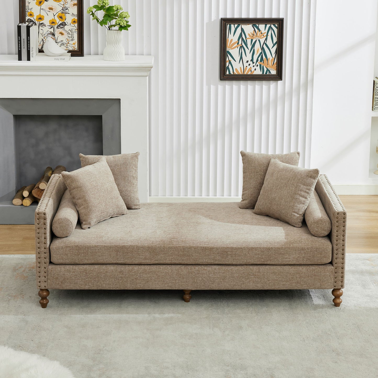Upholstered Chaise Lounge Indoor With Nailheads, Sleeper Sofa Couch With 4 Throw Pillows & 2 Bolsters, Daybed With Rubberwood Legs - Taupe