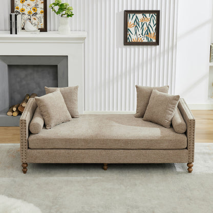 Upholstered Chaise Lounge Indoor With Nailheads, Sleeper Sofa Couch With 4 Throw Pillows & 2 Bolsters, Daybed With Rubberwood Legs - Taupe