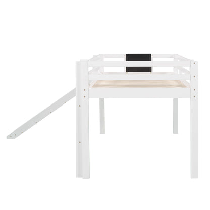 Twin Size Loft Bed With Slide, Stair And Chalkboard - White