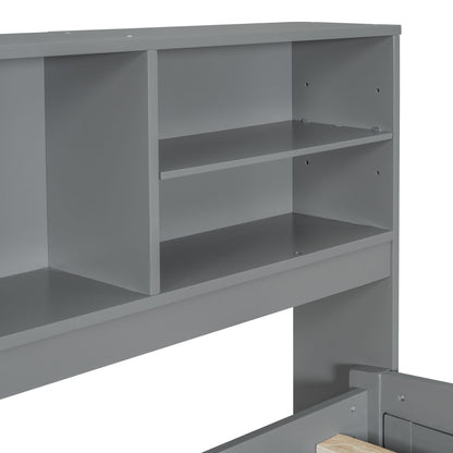 Full Size Daybed With 2 Bedside Cabinets, Upper Shelves And 4 Drawers - Gray