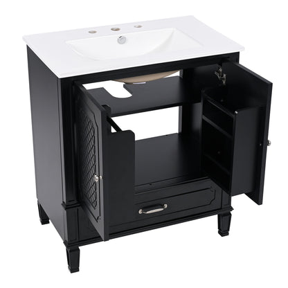 Vintage Style 30" Bathroom Vanity With Sink, Multi Functional Storage, Soft Closing Door - Black